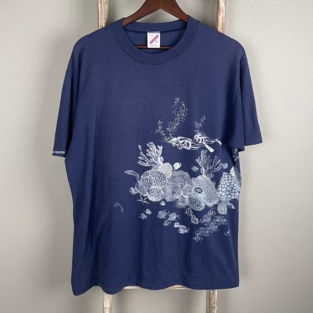 Vintage 80s USA Jerzees Ocean Wrap Around Blue Nature T Shirt XL